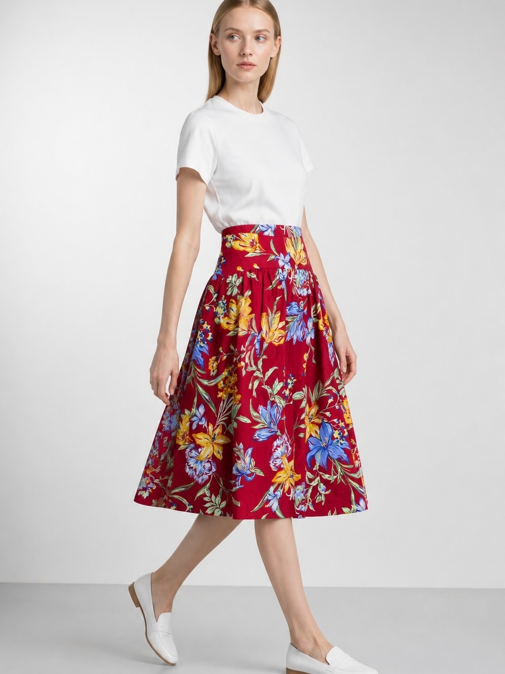 a new day Red Floral A-Line Midi Skirt